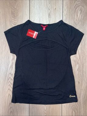 GUESS Black Short Sleeve Ribbed Cutout Knit Top with Gold Logo